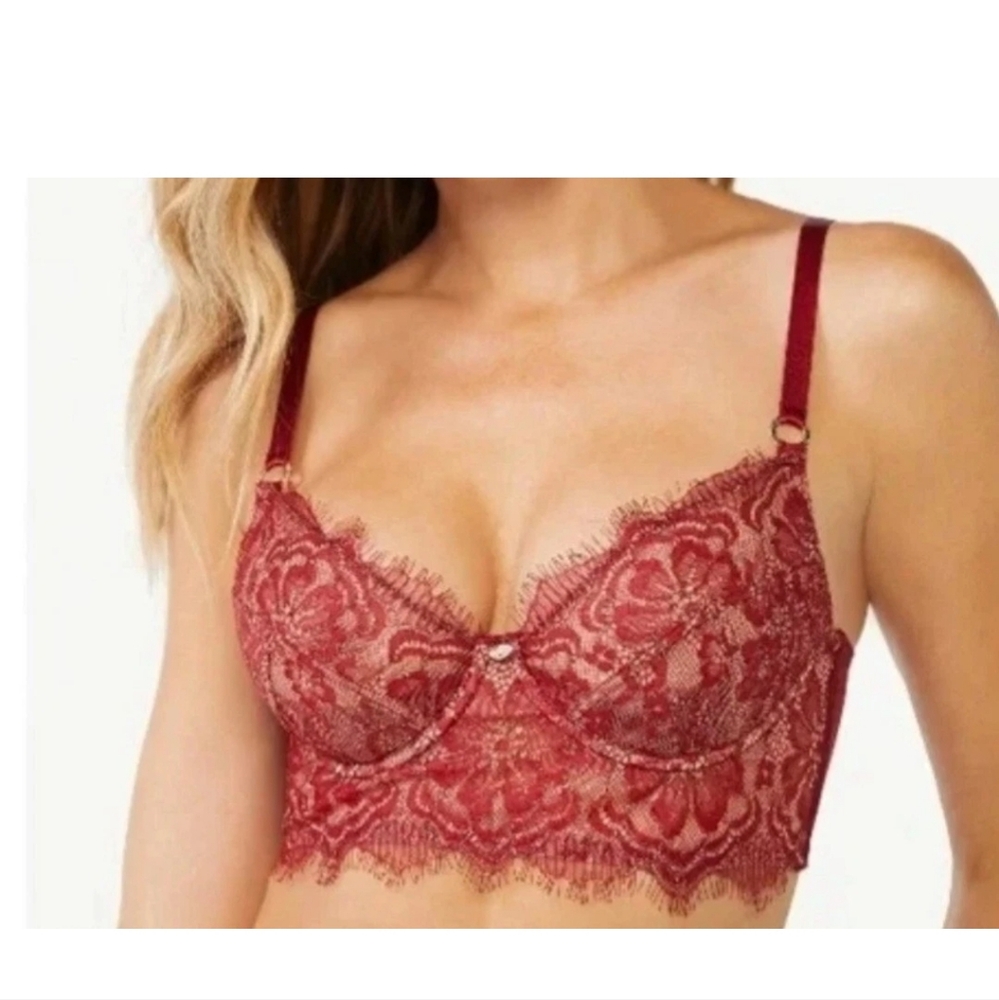 Sofia Vergara Intimate Eyelash Bustier Bra Intimates Sexy Lace Size 36D Red Gold